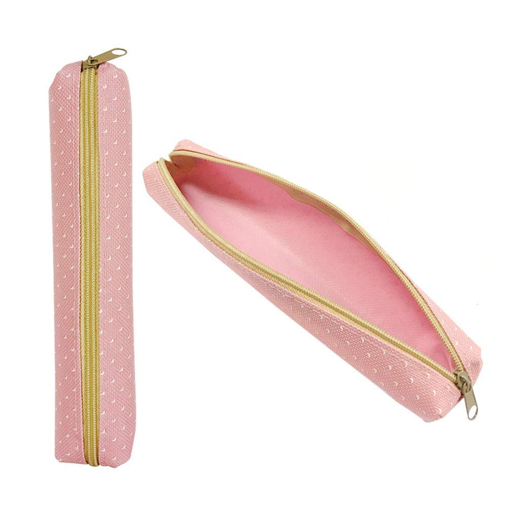 POWERTOOL Candy Color Pencil Bag, 1pcs Oxford Portable Simple Pencil Case White Point Cute Slim Small Pen Case for Kids Adults Travel School Office(Pink)