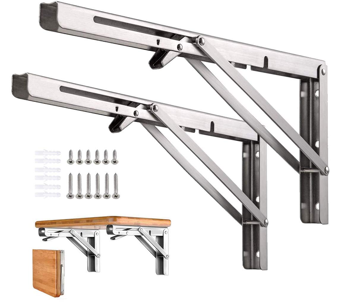 Folding Shelf Brackets, Heavy Duty Stainless Steel Collapsible DIY Wall Mounted Shelf Bracket, Max Load 100kg (12 inch) — image 1