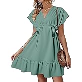 Dokotoo Womens Summer Dresses 2025 Short Sleeve V Neck Empire Waist Drawstring Casual Ruffle A-Line Swing Mini Babydoll Dress