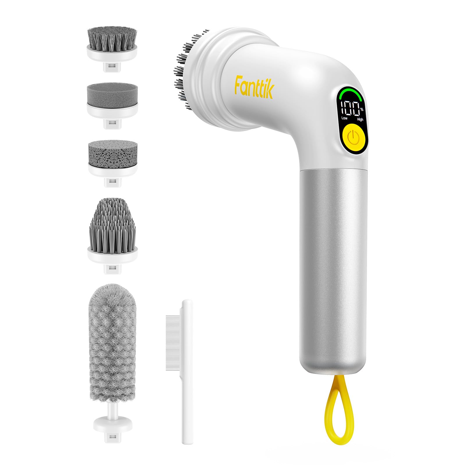 Fanttik G9 Handy Cordless Electric Spin Scrubber, MagnaStorm Motor, Dual-Speed, 5 Brush Heads, LED Display, IPX7 Waterproof, 2500mAh with Type-C Charging, for Kitchen, Sink, Tile, Stove- White