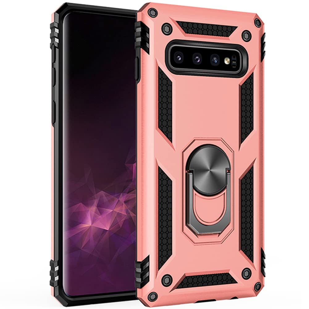 Military Grade Drop Impact for Samsung Galaxy S10 Plus Case 360 Metal Rotating Ring Kickstand Holder Built-in Magnetic Car Mount Armor Shockproof Cover for Galaxy S10+ Protection Case (Rose Gold)