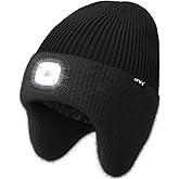 ATNKE LED Lighted Lined Fleece Beanie Cap with Earflap, USB Rechargeable 4 LED Run Headlamp Hat Gifts for Men and Women