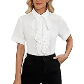 Vrtige Women's Ruffle Front Collar Neck Button Down Short Sleeve Blouse Shirt Top