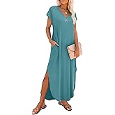 RUMIA Summer Casual Maxi Dresses for Women- Women's V Neck Cap Sleeve Long Sundress with Pockets Beach Vacation
