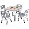 Arlopu Kids Study Table and Chair Set, Height Adjustable Children Desk and 4 Chairs Set, Toddler Multi-Activity Table Set for Reading, Drawing, Eating, Max 220lbs (Light Green, Square Table) (Grey)