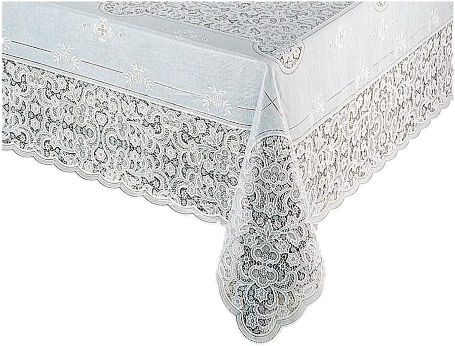 White Vinyl Tablecloth Oblong Full Coverage Protection Elegant.Lace Design Easy-Care: Damp Wipe or Machine Wash / Dryer Safe to Remove Wrinkles (60" x120“) (Rectangle)