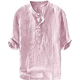 Mens Linen Cotton Henley Shirts Lightweight Button Up Casual Tees 3/4 Sleeve Beach Plain Pullover V Neck Summer Tops