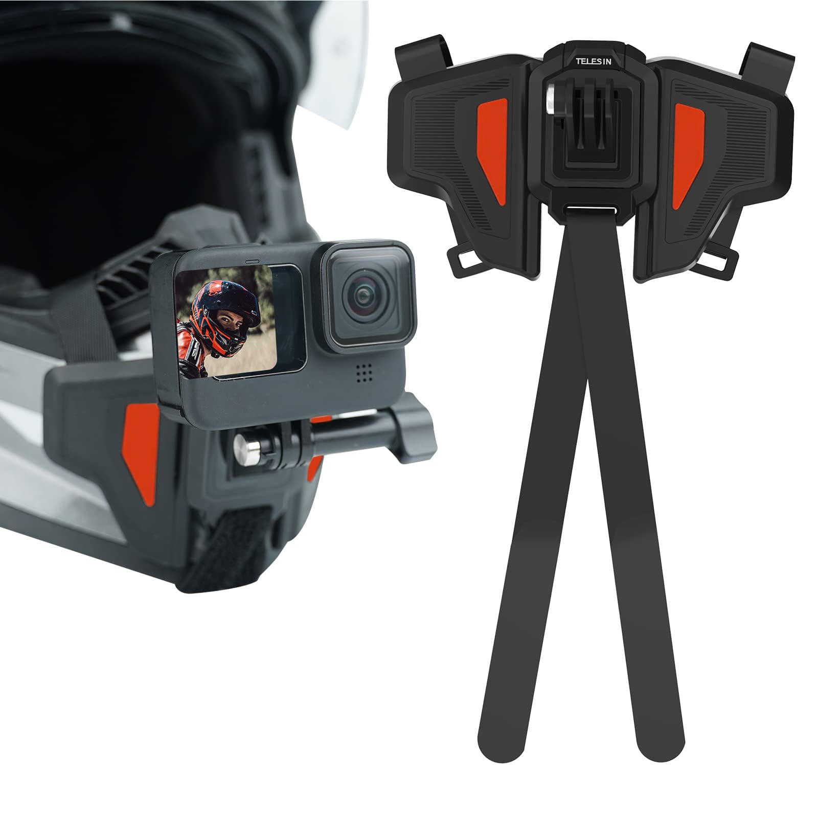 REYGEAK Motorcycle Helmet Strap Full Face Front Chin Mount for GoPro Hero 11 black Hero 10 9 Hero 8 Hero 7,Hero 6 Hero 5 Black DJI Osmo action and most Sports Action Cameras (Upgrade)