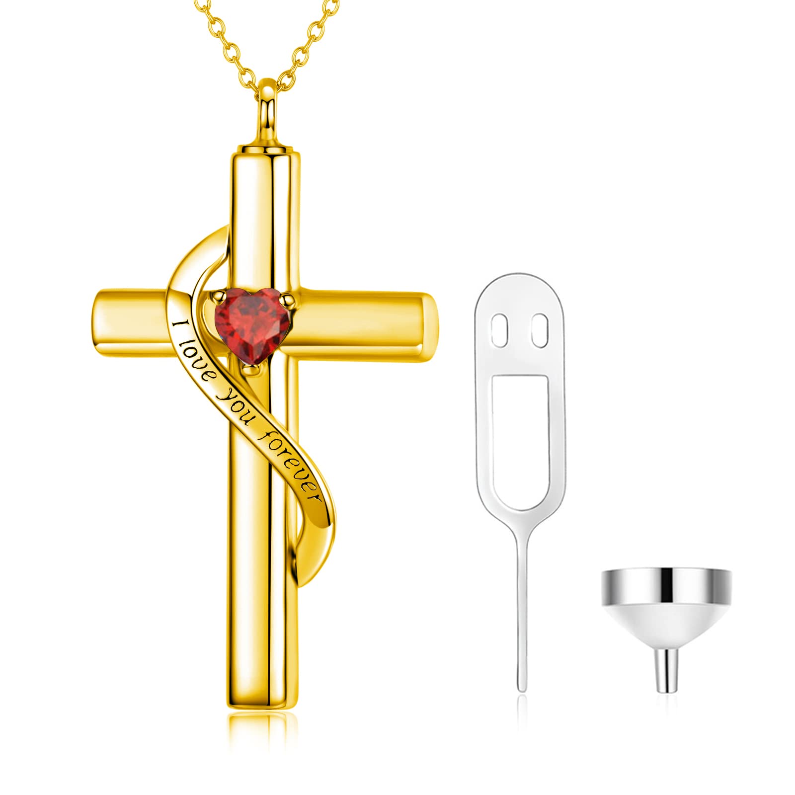 SOULMEET Crystal Cross Necklace for Ashes, Gold Plated Silver I Love You Forever Birthstone July Cross Urn Necklaces for Ashes Keepsake Cremation Jewelry for Pet Human Ashes