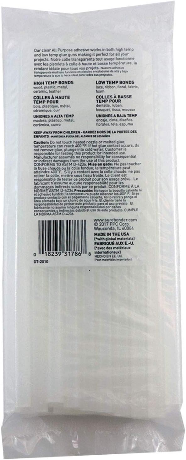 Surebonder Made in the USA All Purpose Stick Glue Sticks-All Temperature-Clear 7/16" D, 10" L Glue Stick-20 Sticks per Bag -