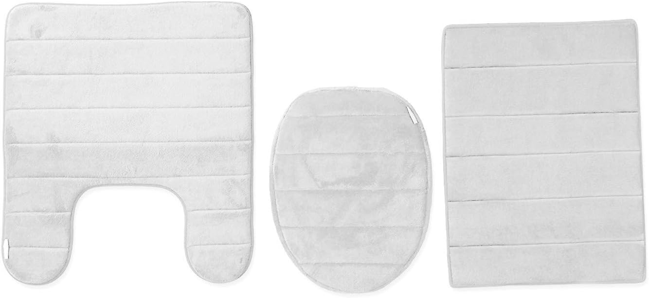 Townhouse Memory Foam Bath Mat Soft, Luxury Cushioned Pad for Bathroom Floors,Non-Slip, Absorbent, Cushy Contour with Lid Cover -3 Pieces Set (1 Set/3PC, White)