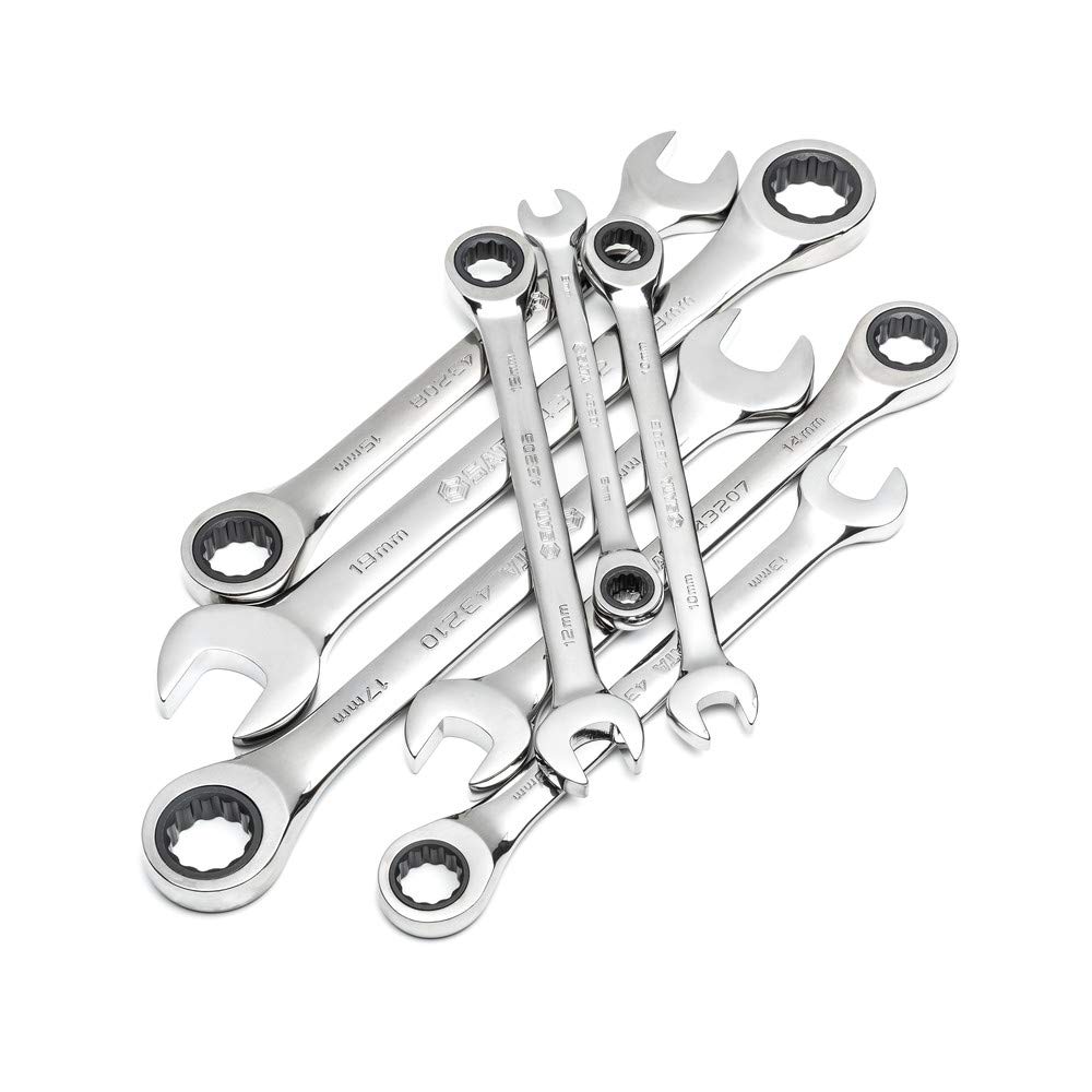 SATA ST08008SJ 8-Piece Metric Ratcheting Wrench/Spanner Set, Polished, Sizes 8mm - 19mm, in Blow Mold Case