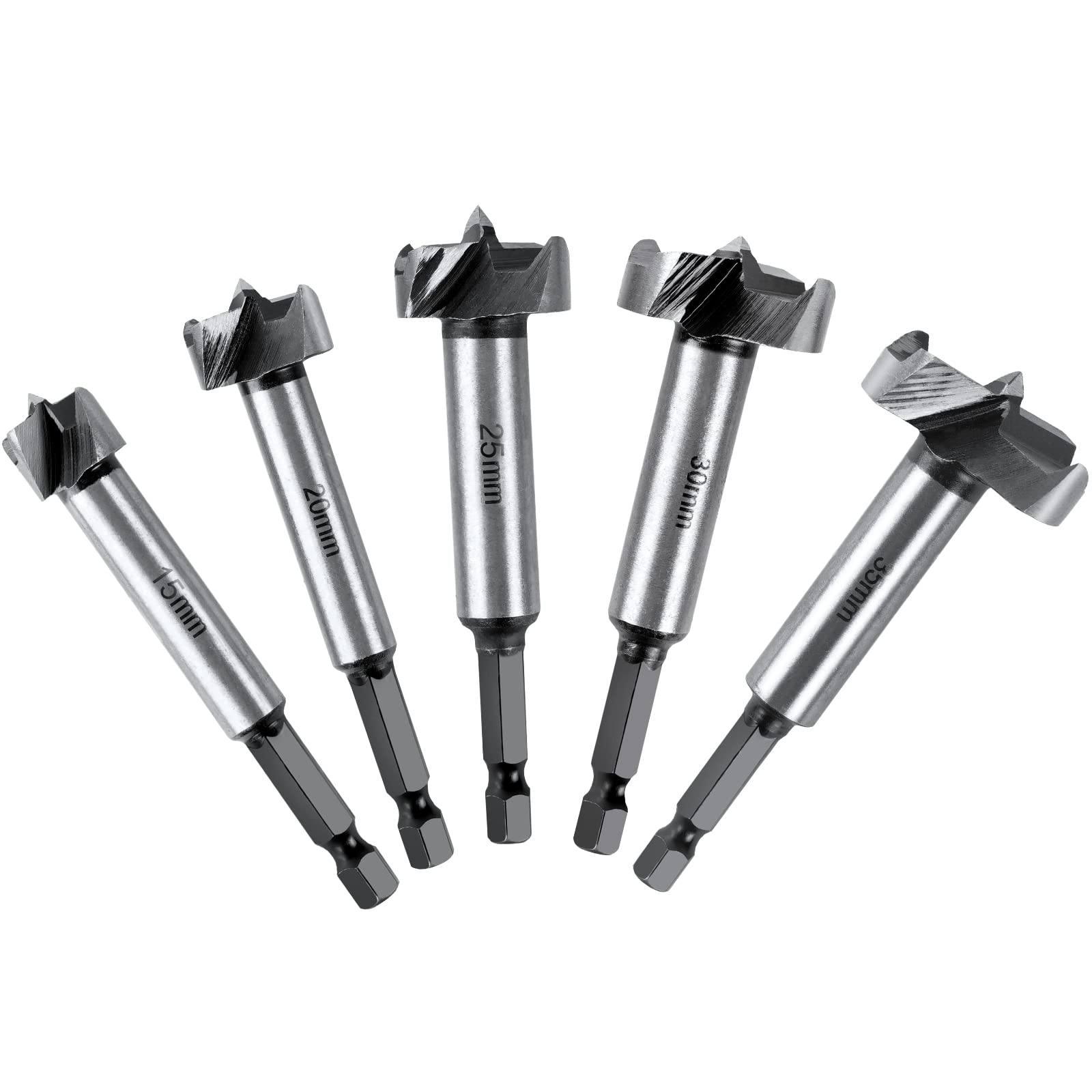 flintronic Forstner Drill Bit, 5PCS(15,20,25,30,35mm) Hex Shank Cemented Carbide Woodworking Hole Saw HSS Drill Bit Set for Hand Drill/Bench Drill/Solid Wood, Cork, Splint, Plywood, Particle Board