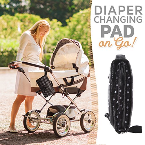 Portable Diaper Changing Pad Clutch, Travel Changer Kit for Baby and Infant with Extra Long Mat by Pantheon, Holds Diapers and Wipes (Black Polka Dots)