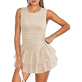 NEJXQ Women's Tennis Pleated Ruffle Athletic Dress for Women Mini Flowy Layered Ruffle Crewneck Sleeveless Dress with Shorts
