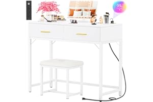 Cyclysio Vanity Desk with Charging Station, White Makeup Vanity with Lighted Mirror, Tri-Fold, Small Vanity Set with Drawers and 3 Outlets & 2 USB, 36'' Vanitys with Stool, Dressing Table, White
