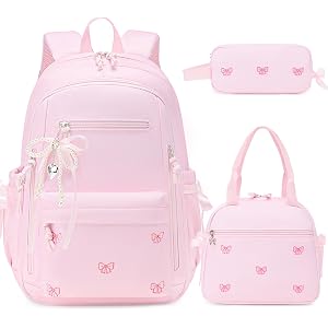 Similove Backpack for Girls with Lunch Bag Pencil Case School Bookbag | Embroidered Bow Girls Backpack Waterproof School Book