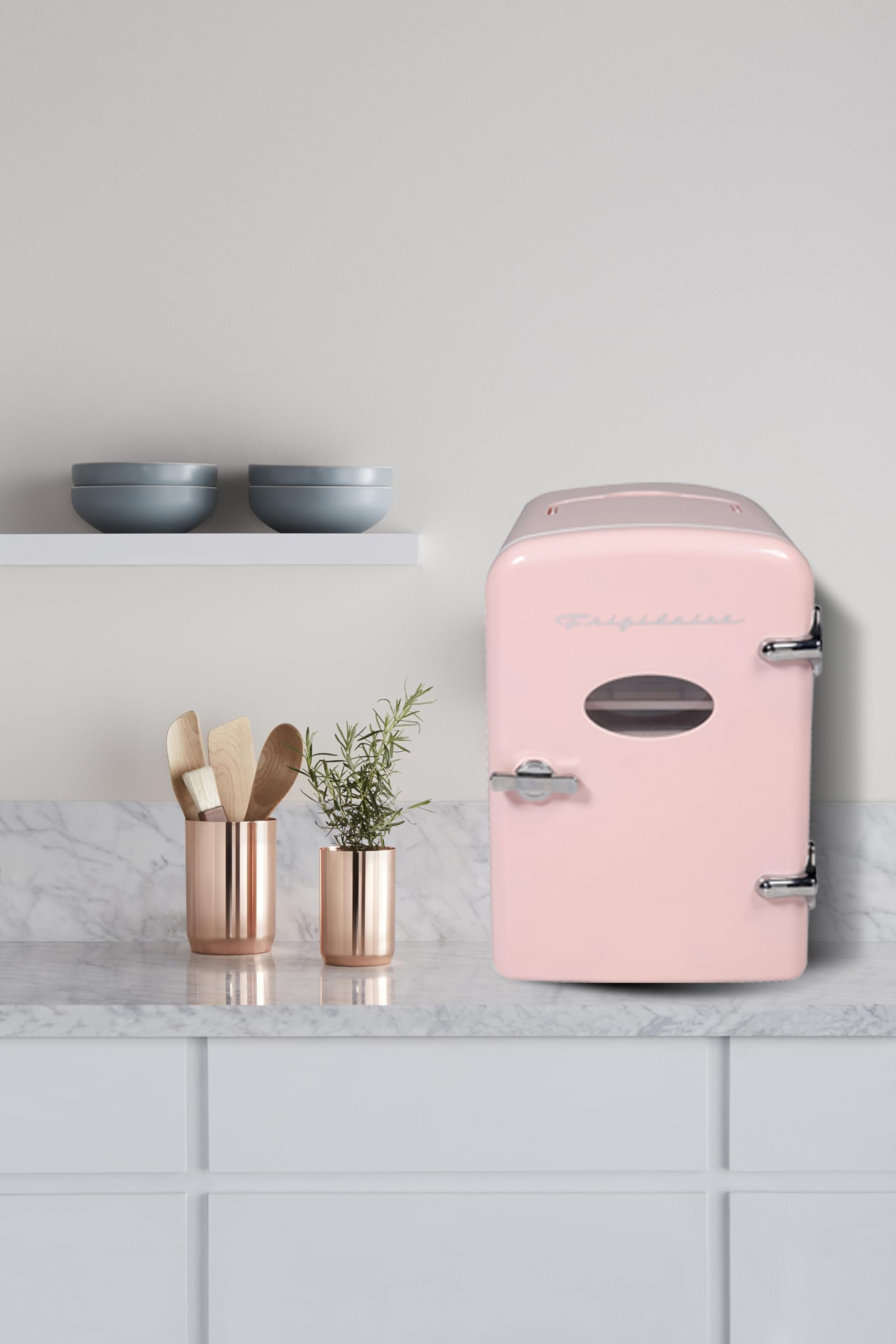 Frigidaire Retro Mini Personal Fridge Cooler, Holds up to 9 Cans, Portable for Car, Office, Bedroom, Dorm Room, or Cabin, Includes 110V AC and 12V DC cords - 11.8"D x 7.1"W x 10.1"H, Pink - Image 3