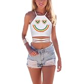 JOXJOZ Women's Summer Rainbow Printed Halter Neck Criss-Cross Boho Bandage Tank Camis Crop Top Vest