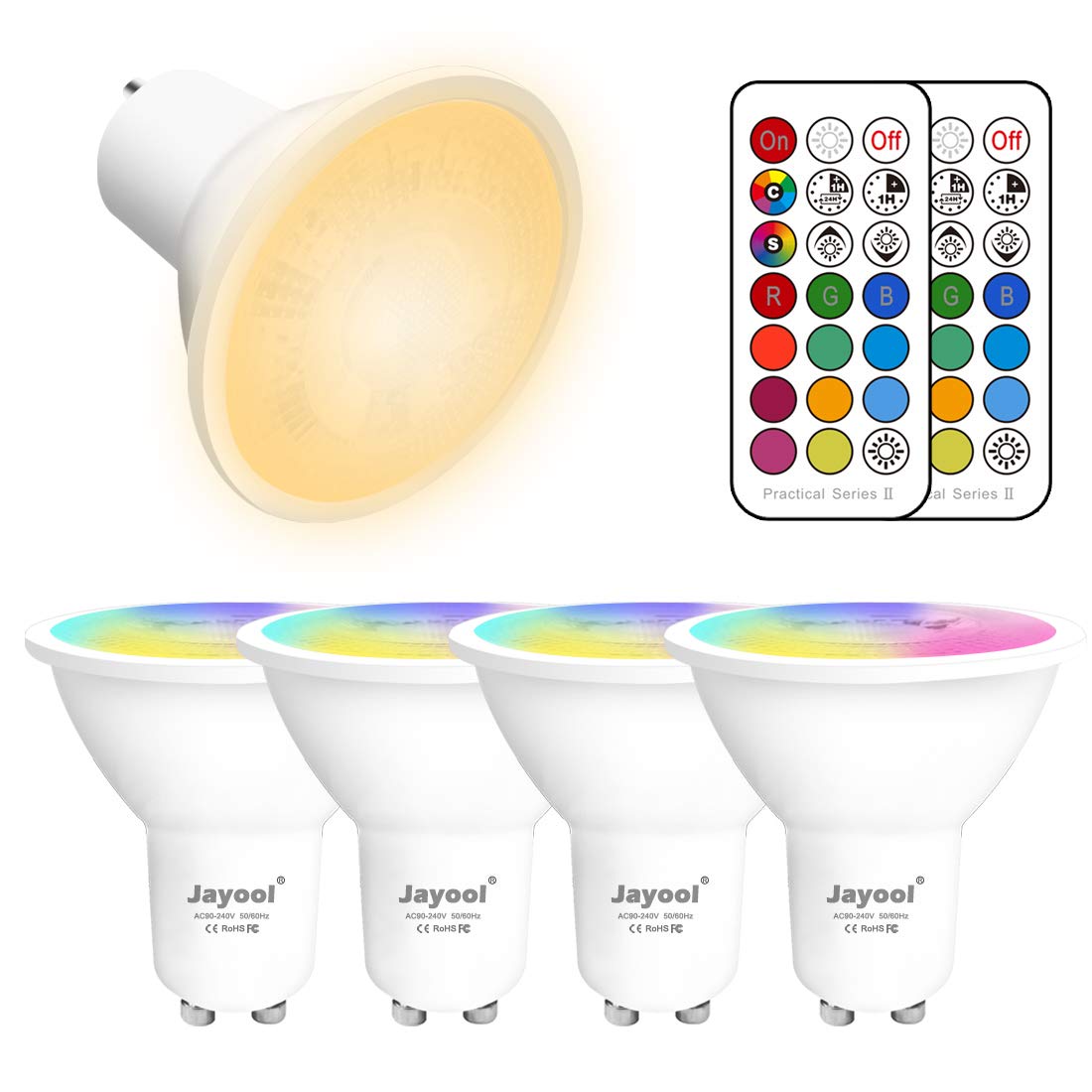 Jayool GU10 LED Light Bulbs, Dimmable 5W Colour Changing Spot with Remote, RGB + Warm White, Timer (Pack of 4)