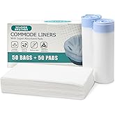 Commode Liners with Absorbent Pads, 50 Bedside Commode Liners and 50 Commode Pads, Portable Toilet Liners, Disposable Commode Bags Universal Fit All Standard Toilet Chair Bucket