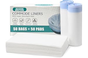 SEASIDE BROTHER Commode Liners with Absorbent Pads, FSA/HSA Eligible 50 Bedside Commode Liners and 50 Commode Pads, Portable Toilet Liners, Disposable Commode Bags Universal Fit All Standard Toilet Chair Bucket