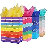 Cmecial 12.6" Paper Gift Bags with Tissue Paper, Extra Large Gift Bags with Handles, Birthday Rainbow Bag Large Size, Medium Birthday Bags Wrap Bag for Kids