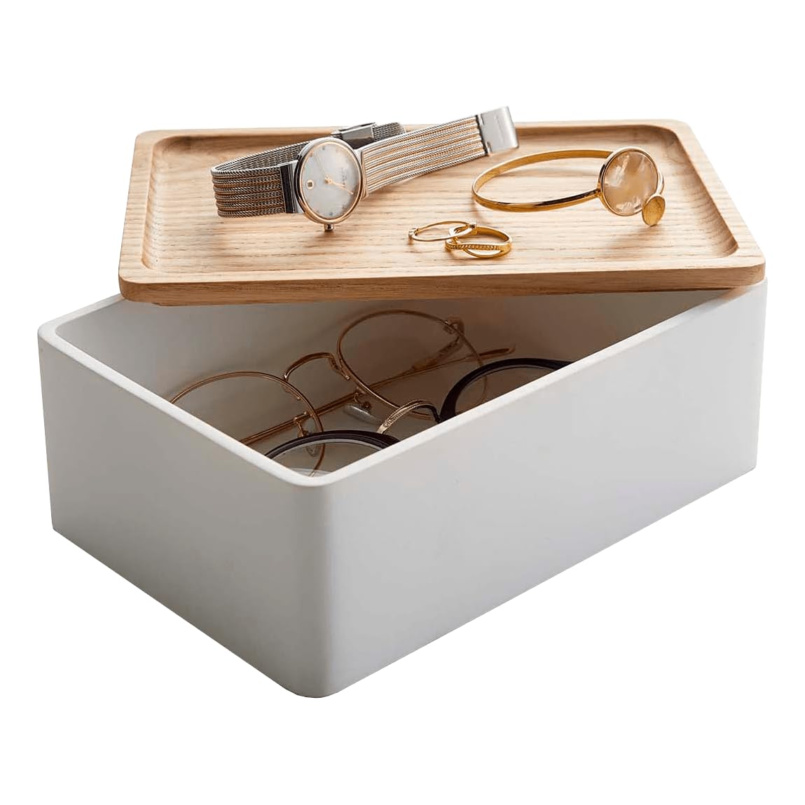 Yamazaki 5167 RIN Accessory Storage Box, white, Polystone/Wood, Minimalist, 18.5 x 12.5 x 7 cm
