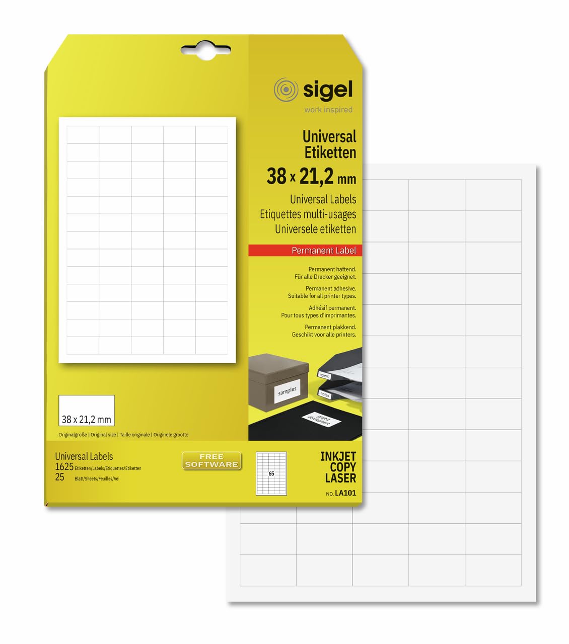 SIGEL LA101 Universal Permanent Labels, White, 3.8 x 2.12 cm, 1625 lbl equal to 25 sheets, White