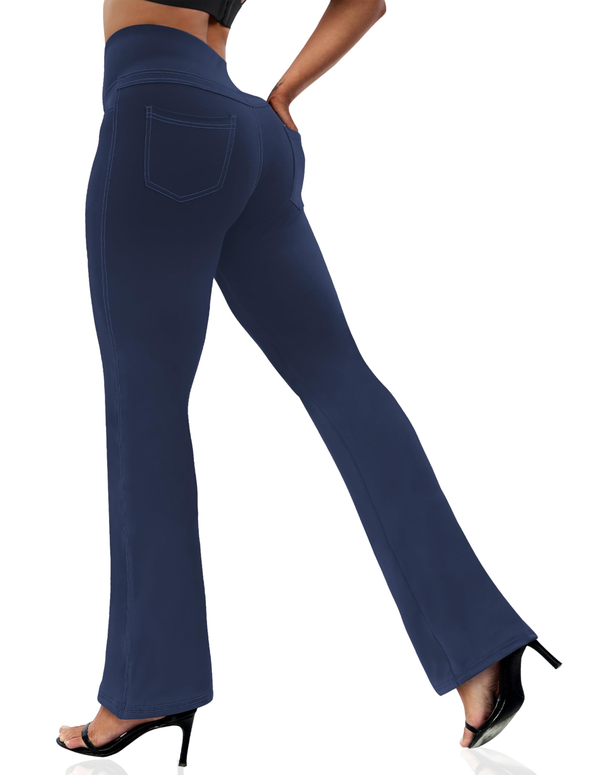 Photo 1 of VOOVEEYA Women's Bootcut Leggings - Bootleg Yoga Pants Flare with 4 Pockets,Tummy Control High Waisted Casual Dress Pants?Bootcut-Solid Navy-3XL?