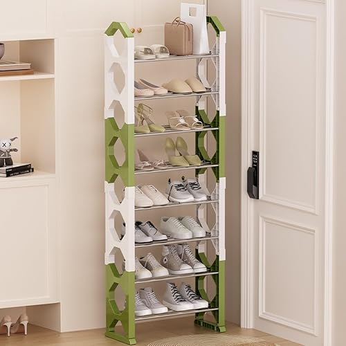 Multibao 8-Tier Shoe Rack, Shoe Storage Cabinet, Dust-proof Tall and Narrow Shoe Rack, Free Standing Shoe Shelf for 16 Pairs, Space Saving for Entryway, Hallway and Closet(8 Tiers White&Green)
