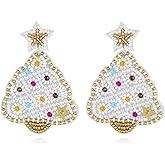 Handmade Beaded White Christmas Tree Earrings, Star-Topped Colorful Crystal Embellished Christmas Earrings for Women, Festive Holiday Party Statement Jewelry Gift