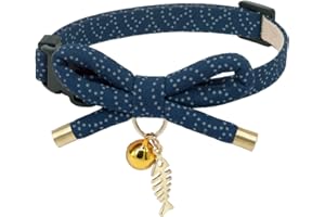 PetSoKoo Cute Bowtie Cat Collar with Bell. Japanese Stylish Bowknot & Fish Charm. Safety Breakaway, Soft, Lightweight, for Girl Boy Male Female Cats Kitten,Navy Blue