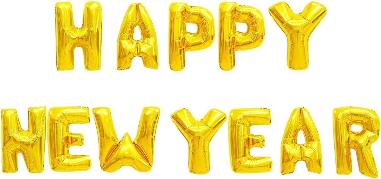Happy New Year Balloons Banner - 'HAPPY NEW YEAR 2020' - Gold New Years & Christmas Party Decorations Foil Letters Bunting (Happy New Year)