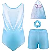 Tstiti Girls Gymnastics Leotard Set with Shorts and Scrunchie 4 Piece Sparkle Training Outfit for Dance Practice