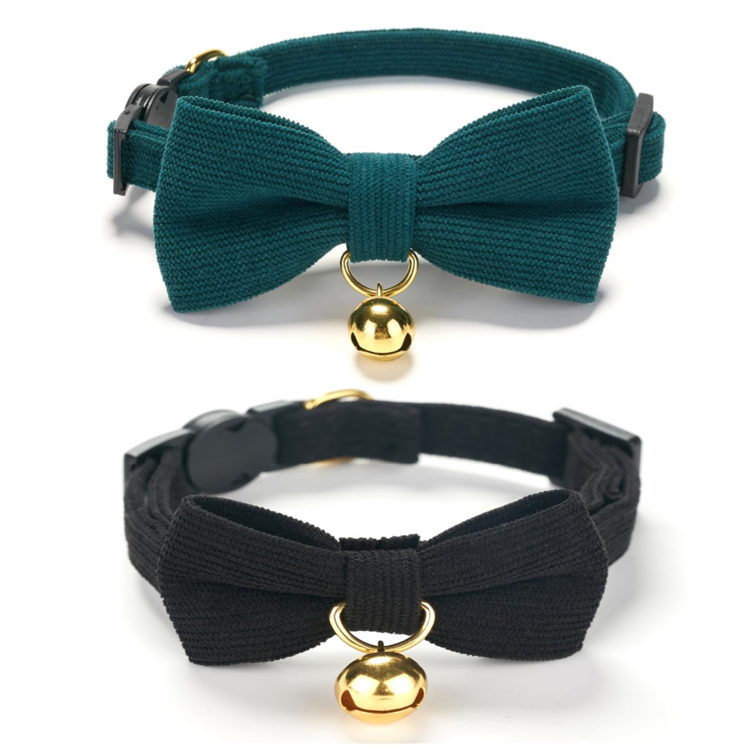 Cute Cat Collars With Bow,Quick Release Safty Buckle with Bells,Soft and Comfy Cordoroy Material in Black and Green Pack of 2 — image 1