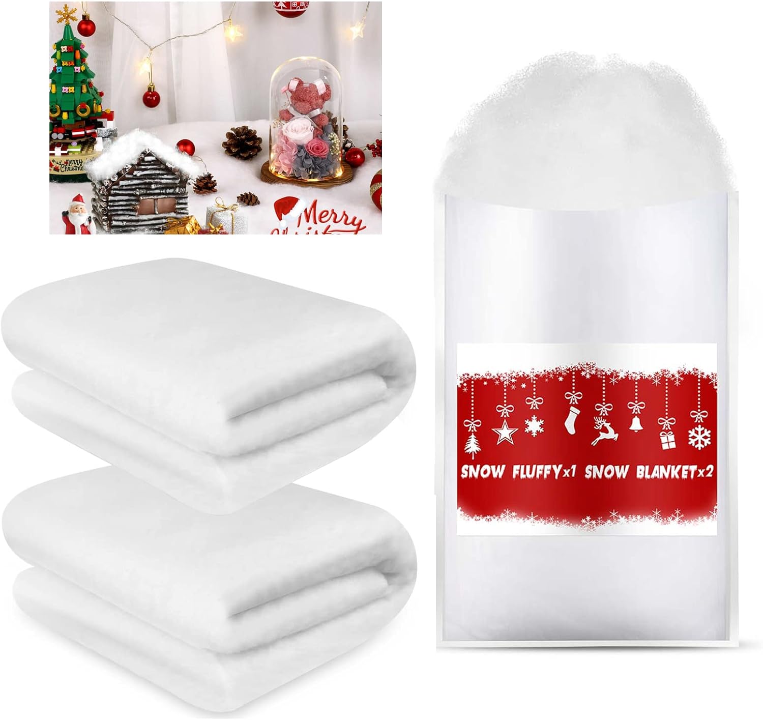Artificial Snow - BESTEEL 18OZ Christmas Fake Snow Decor Artificial Snow + 2 Pack Christmas Snow Roll 3 Foot X 8 Foot Artificial Snow Blankets for Christmas Decorations Mantle Christmas Village Display Like Fluffy Snow