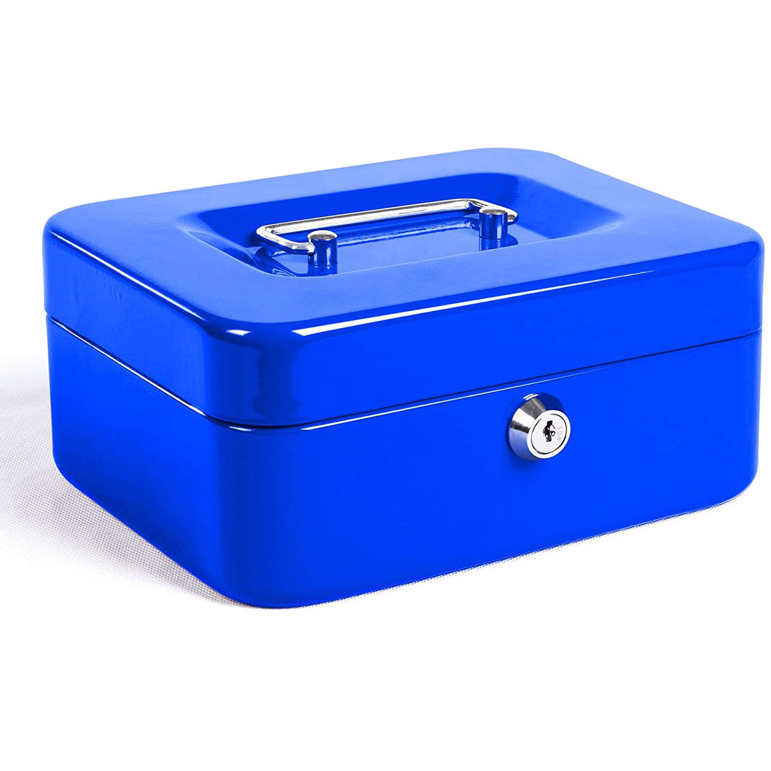 Large Cash Box with Key Lock, Portable Metal Money Box with Double Layer & 2 Keys for Security 20 * 16 * 9cm (XL, Blue)