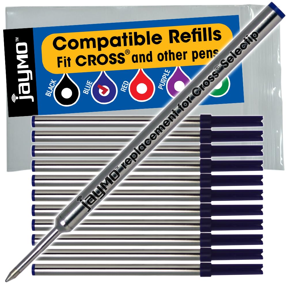 Jaymo Replacement for Cross Selectip 8521 - Measures 4.375 in / 111 mm Long - Gel Rolling Ball Pen Refill - 12 Blue