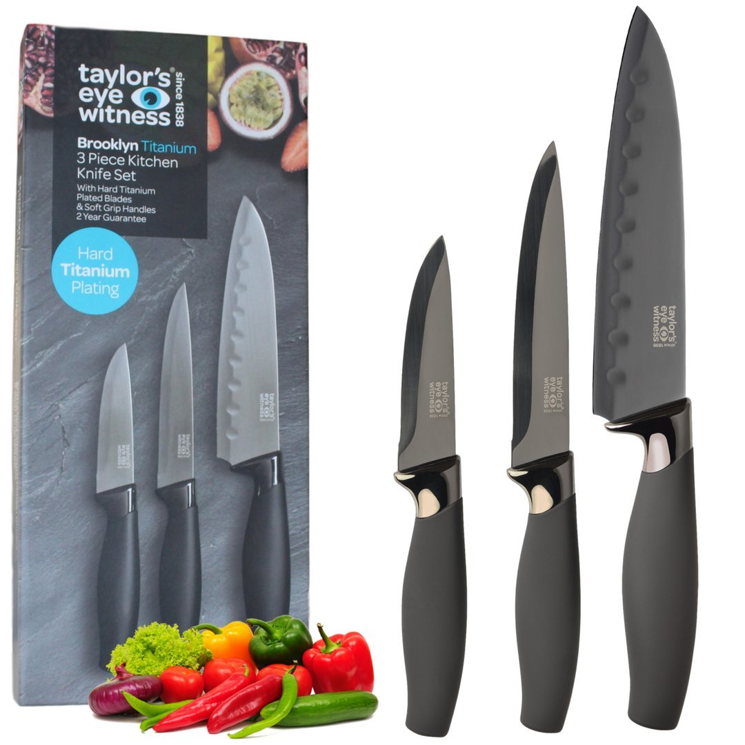 Brooklyn Range Titanium 3 Piece Knife Set - Paring, Utility and Japanese Santoku Knives, with Comfort Grip. Forged from Hollow Ground Stainless Steel, Plated with Corrosion Resistant Titanium