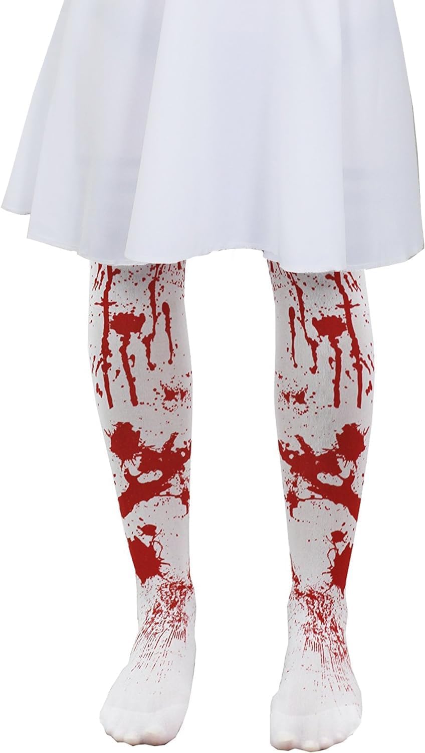 Girls Bloodstained Tights. White Tights With Red Stain Print For Halloween Fancy Dress Costumes - Kids (Standard 4-8 Years)