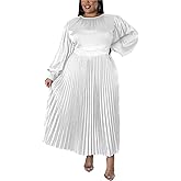 Women's Plus Size Maxi Dresses 2026 Fall Lantern Long Sleeve Flowy Swing Pleated Maxi Dresses