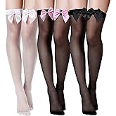 Moonlik Thigh High Socks with Satin Bow, 3Pairs Women Long White Black Pink Stocking Sexy Over Knee Tights for Cosplay Costume Party Tights Accessory