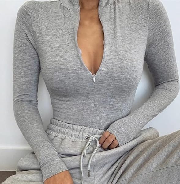 DECIMALPT LONG SLEEVE BODYSUIT TOPS TURTLENECK/V NECK LEOTARDS FRONT ZIP UP BODY SUIT FOR WOMEN GREY