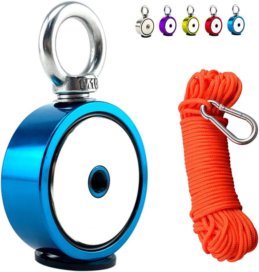 Fishing Magnets (Double-Sided Magnetic) Round Neodymium Magnet with Eyebolt,Ultra Strong Neodymium Magnet,Magnetic Hooks for Magnet Fishing and Retrieving in River(48MM),Blue