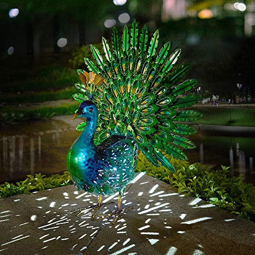 Chisheen Solar Peacock Statue Metal Yart Art with Solar Light Outdoor Garden Statues and Sculpture