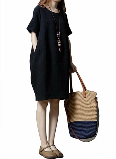 Amazon Co Jp Easonddd レディース ワンピース 森ガール 綿麻 ワンピース レディース 膝丈 半袖 Aライン 体型カバー 無地 ゆったり 大きいサイズ 春 夏 秋用 ロングワンピース ゆるワンピース エレガント チュニック 服 ファッション小物