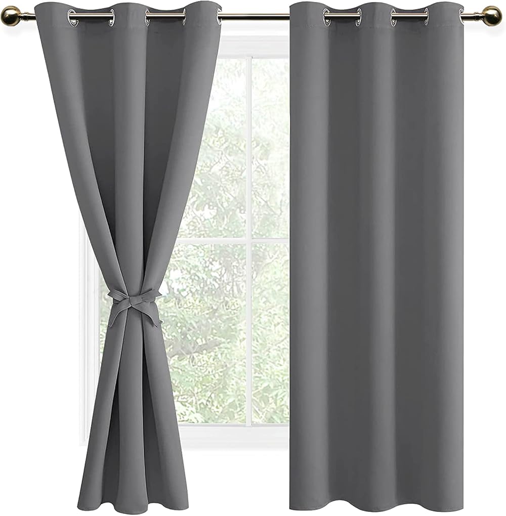 DWCN Grey Blackout Curtains 46 x 72 Inches, 2 Panels with Tiebacks