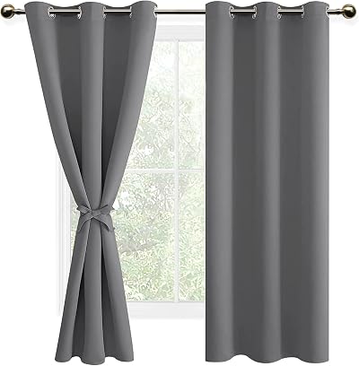 DWCN Grey Blackout Curtains 46 x 72 Inches, 2 Panels with Tiebacks