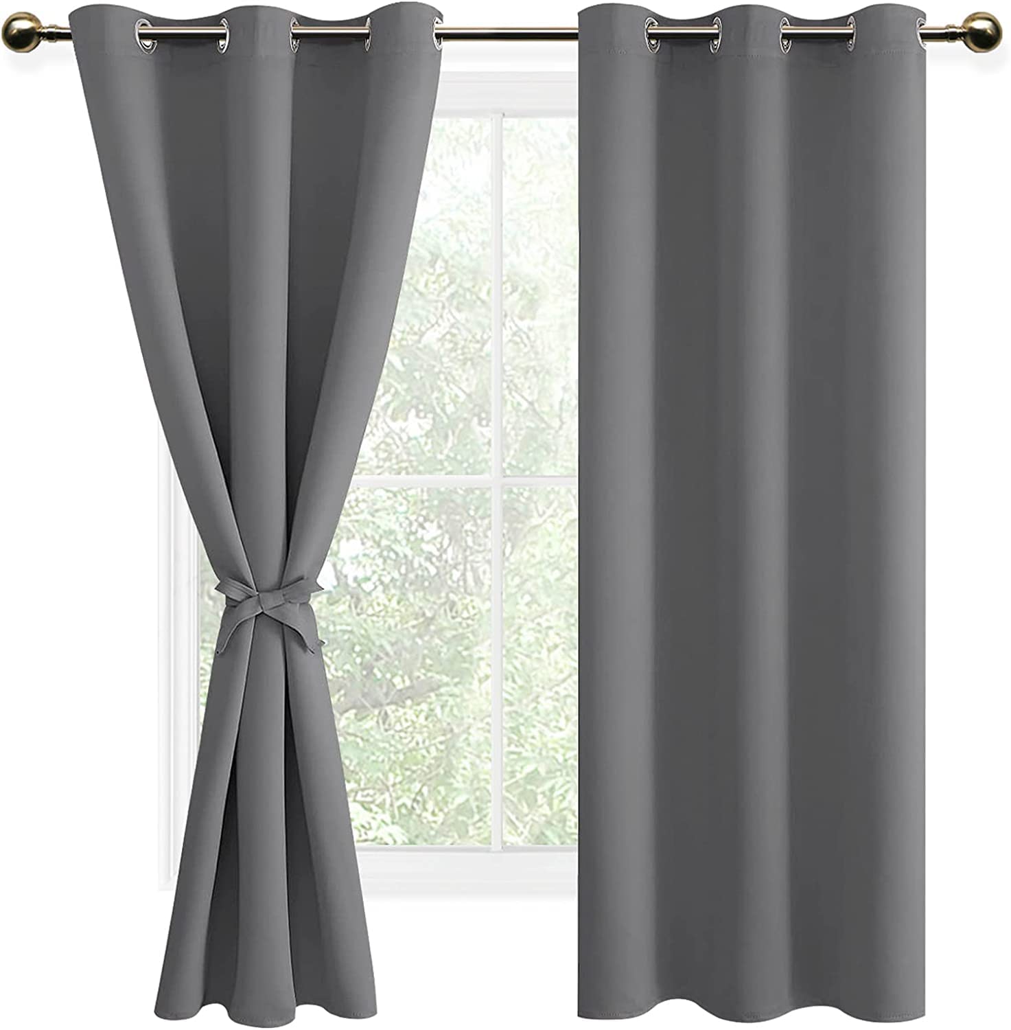 DWCN Grey Blackout Curtains with Tiebacks for Bedroom Thermal Insulated Solid Eyelet Curtains for Living Room,2 Panels,46" Wide x 72" Drop — image 1